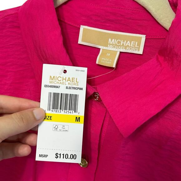 MICHAEL Michael Kors Cropped Tie Waist Shirt NWT Women's Sz M Electric Pink Bold - Picture 3 of 6